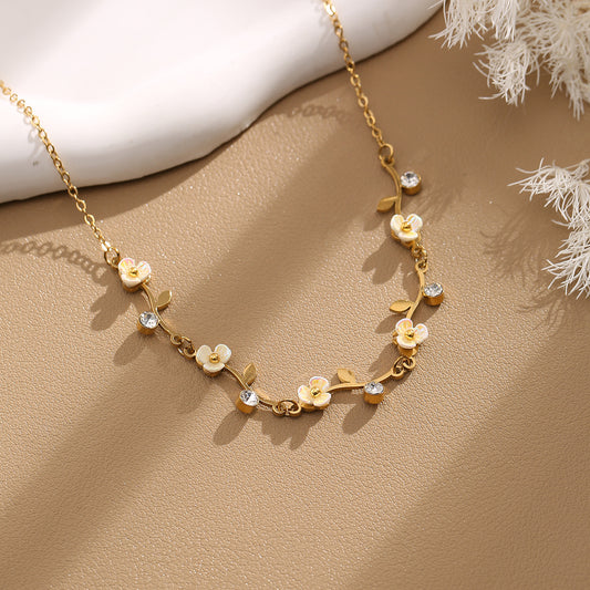 AURIS Floral Vine Necklace 18K Gold Plated Enamel Flowers Crystal Accents Waterproof