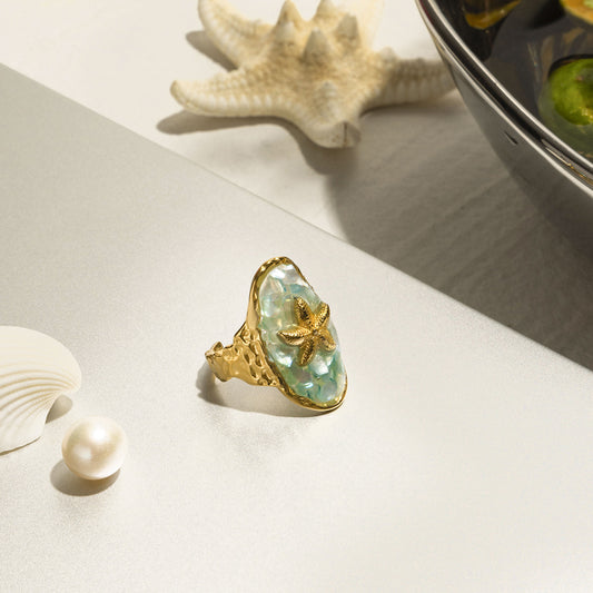 AURIS Starfish Shell Ring 18K Gold Plated Aqua Shell Adjustable Open Band Waterproof