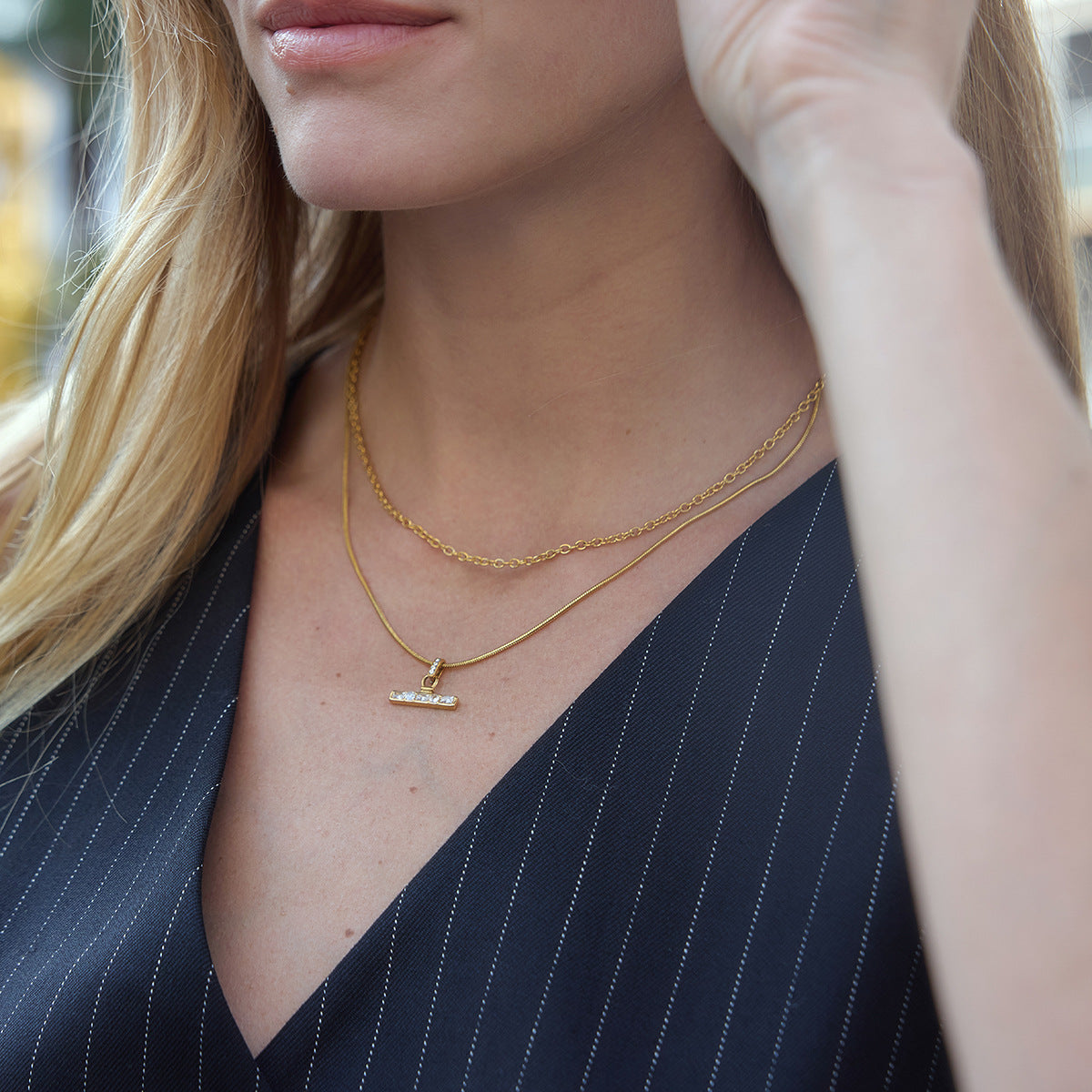 AURIS Gold T-Bar Necklace Layered Chain Necklace Tarnish-Free Jewelry Under 40