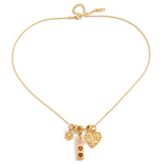 AURIS Daisy Heart Charm Necklace 18K Gold Ball Chain Zirconia Waterproof Hypoallergenic