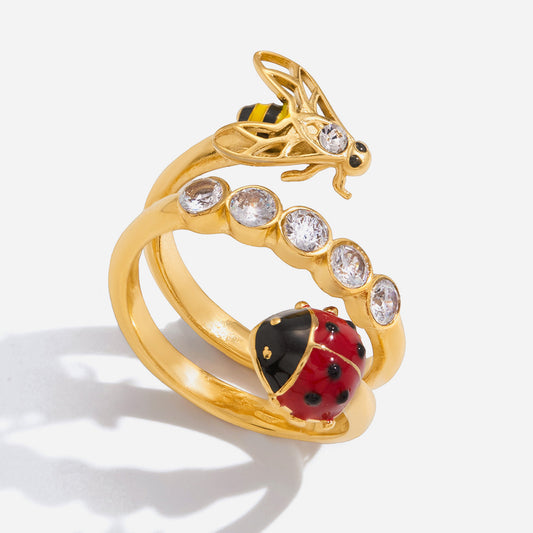 AURIS Ladybug Bee Wrap Ring Enamel Double Band 18K Gold Crystal Accents Waterproof