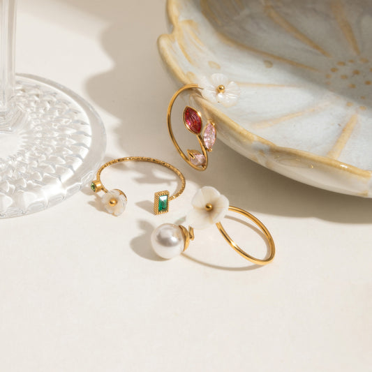 AURIS Blossom Crystal Ring Shell Flower Marquise Zirconia Adjustable Gold Ring Waterproof