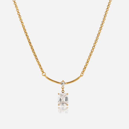 AURIS Crystal Drop Necklace Minimalist 18K Gold Plated Emerald Cut Zirconia Waterproof