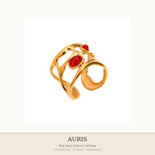 AURIS Gold Red Agate Ring Vintage Design Adjustable Hypoallergenic Under 35