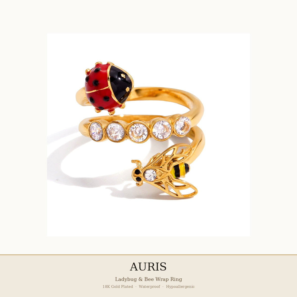 
AURIS Gold Ladybug Bee Ring Statement Jewelry Adjustable Hypoallergenic Under 35
