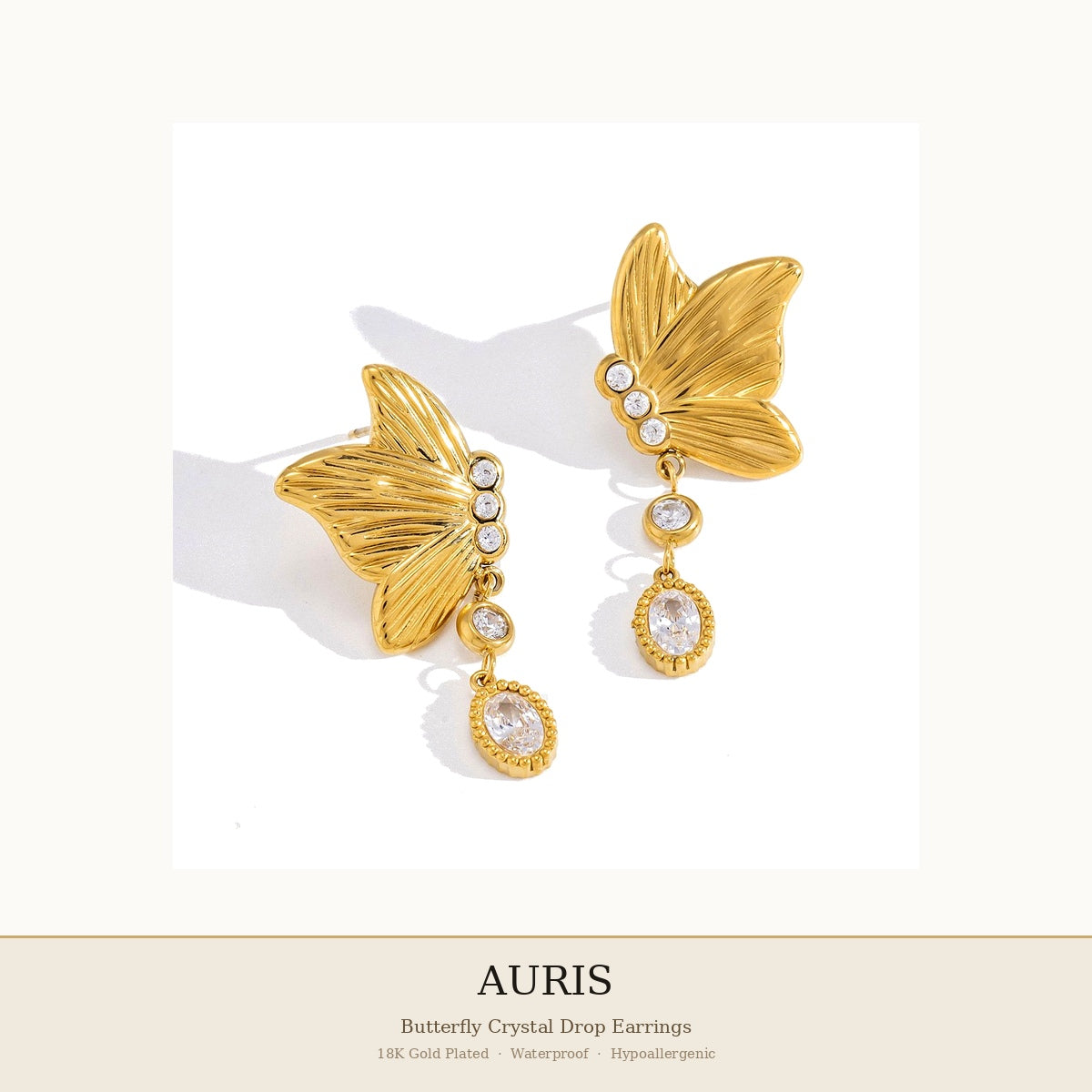 
AURIS Gold Butterfly Earrings Crystal Drop Hypoallergenic Tarnish-Free Under 35
