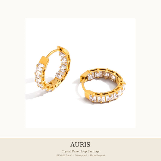 AURIS Gold Hoop Earrings Full Crystal Pavé Hypoallergenic Tarnish-Free Under 35