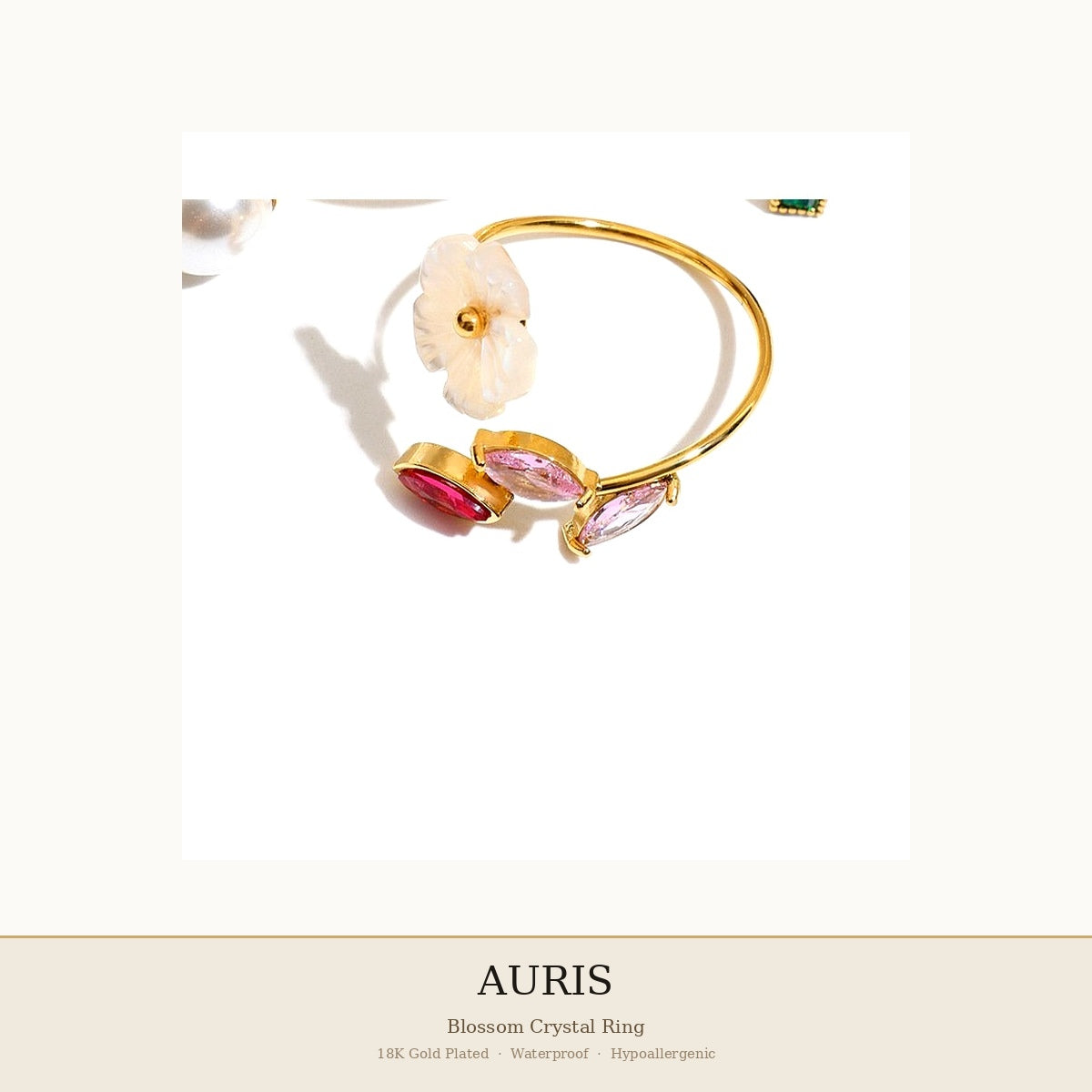 AURIS Pink Crystal Floral Ring 18K Gold Plated Hypoallergenic Under 30