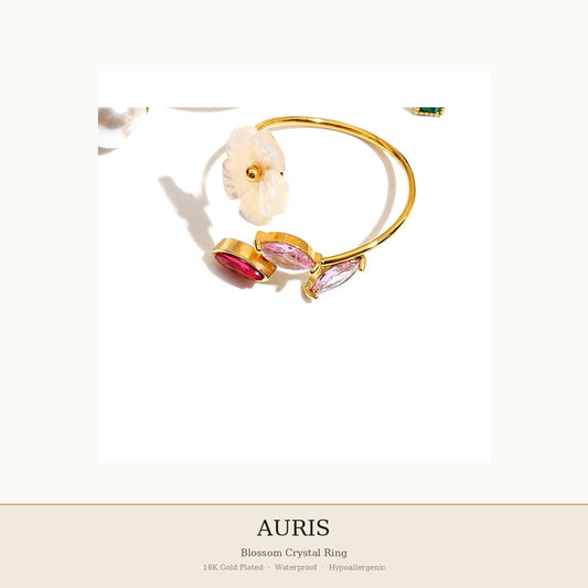 AURIS Pink Crystal Floral Ring 18K Gold Plated Hypoallergenic Under 30