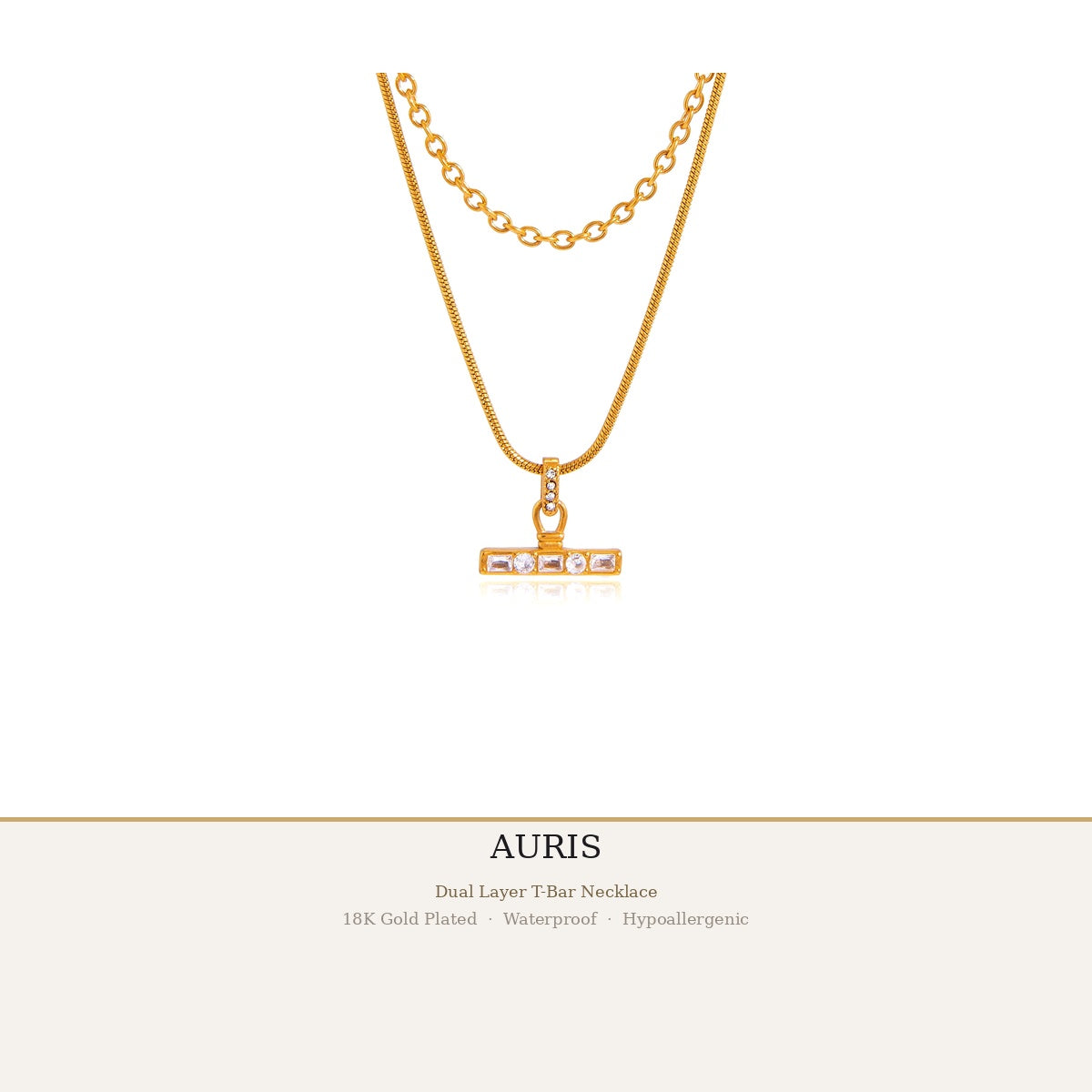 AURIS T-Bar Necklace Gold Cream Background Affordable Luxury Jewelry