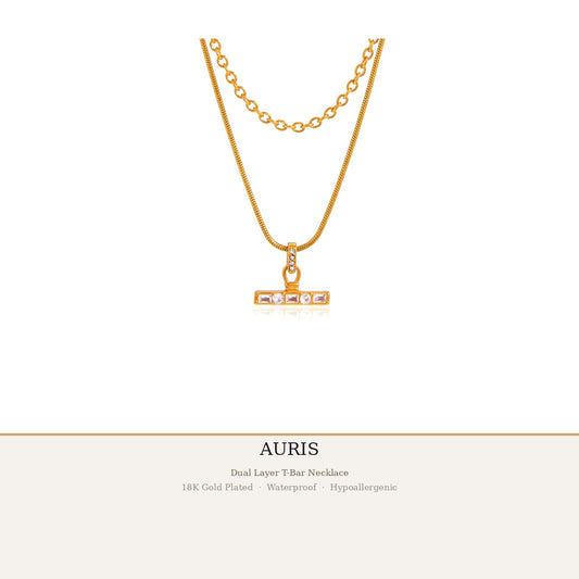 AURIS T-Bar Necklace Gold Cream Background Affordable Luxury Jewelry