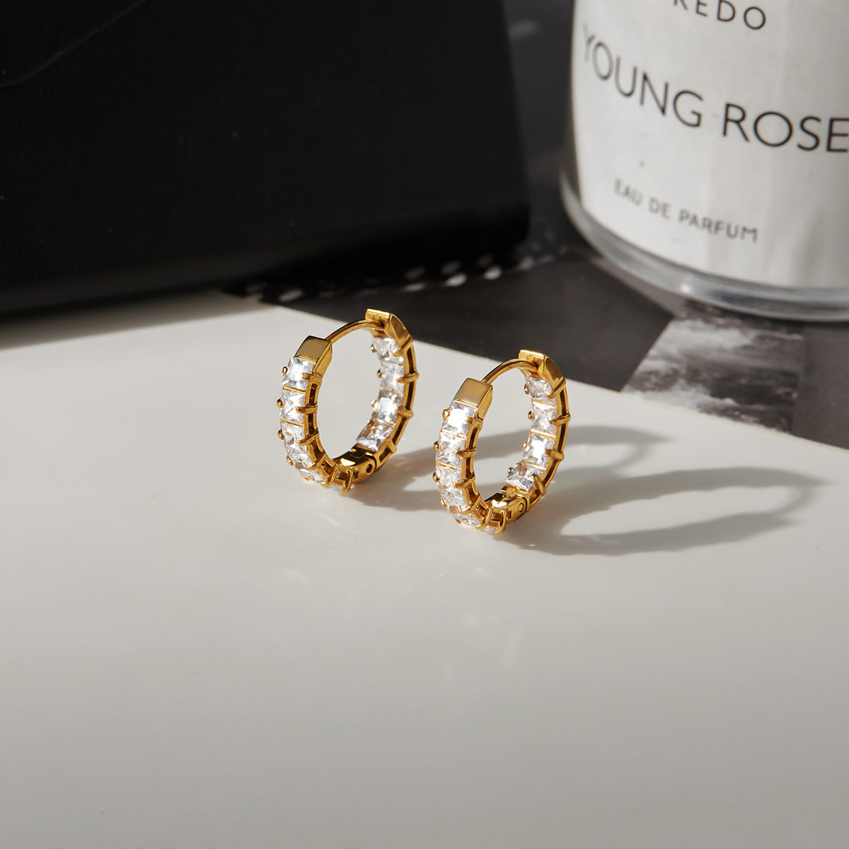 AURIS Crystal Pave Hoop Earrings 18K Gold Plated Huggie Hoops Zirconia Waterproof