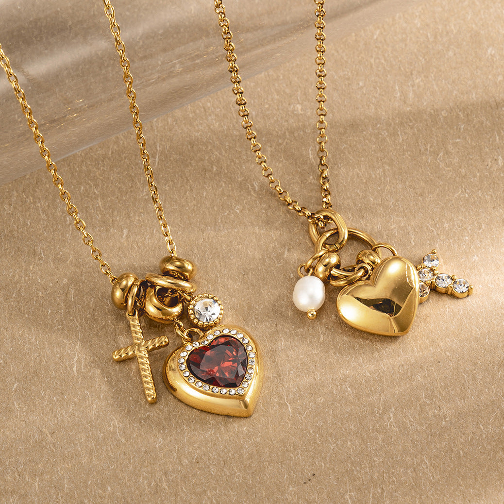 AURIS Heart Charm Necklace Gold 18K Gold Plated Freshwater Pearl Cross Charm Waterproof