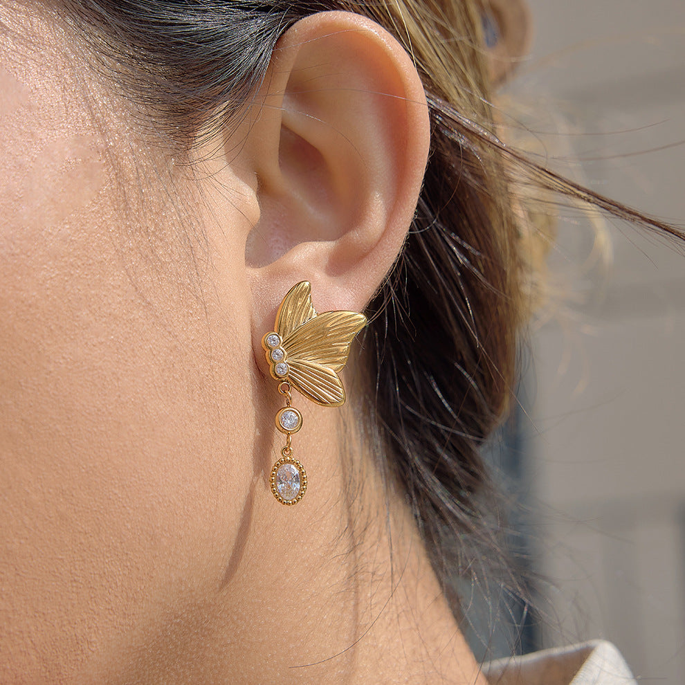 AURIS Butterfly Crystal Drop Earrings 18K Gold Plated PVD Zirconia Waterproof