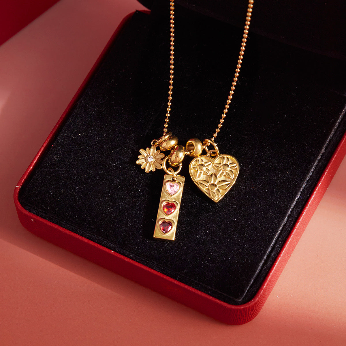AURIS Daisy Heart Charm Necklace 18K Gold Ball Chain Zirconia Waterproof Hypoallergenic