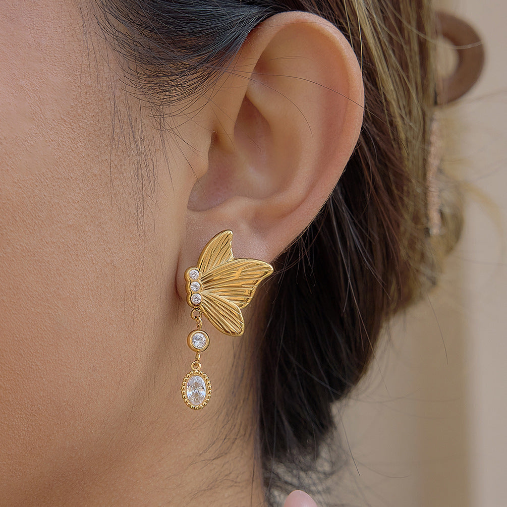 AURIS Butterfly Crystal Drop Earrings 18K Gold Plated PVD Zirconia Waterproof