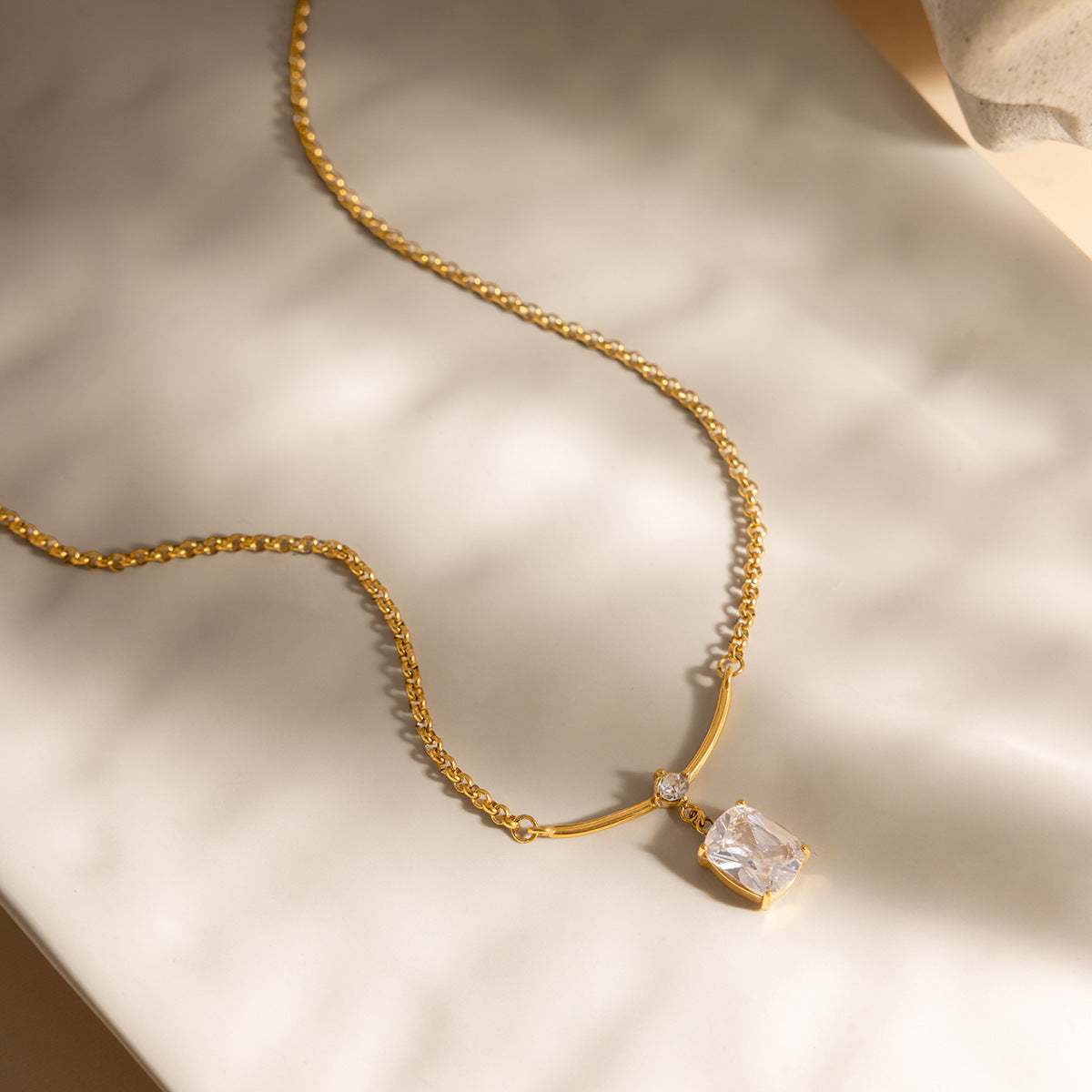 AURIS Crystal Drop Necklace Minimalist 18K Gold Plated Emerald Cut Zirconia Waterproof
