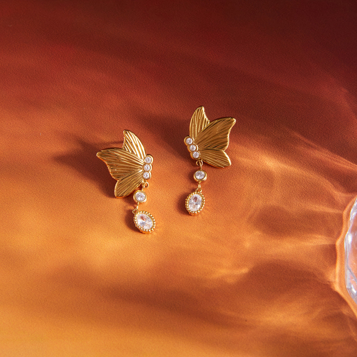 AURIS Butterfly Crystal Drop Earrings 18K Gold Plated PVD Zirconia Waterproof