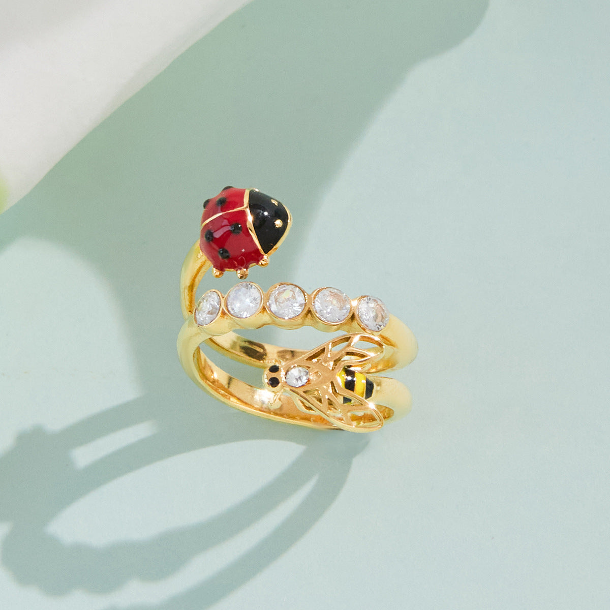 AURIS Ladybug Bee Wrap Ring Enamel Double Band 18K Gold Crystal Accents Waterproof