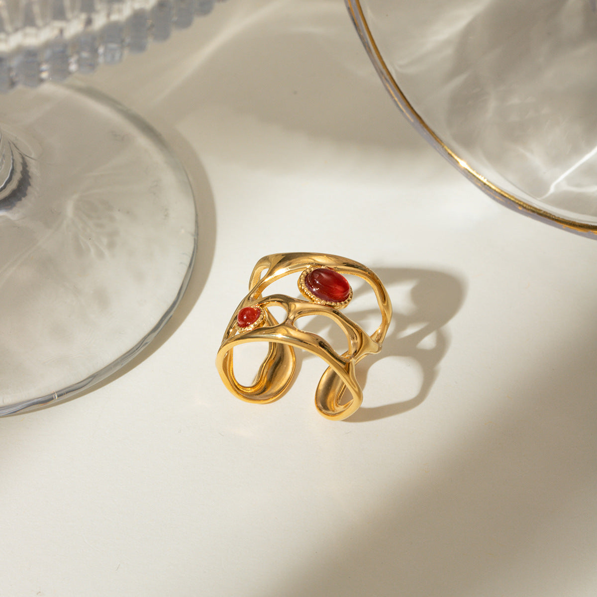 AURIS Red Agate Hollow Cuff Ring 18K Gold Plated Vintage Statement Ring Waterproof