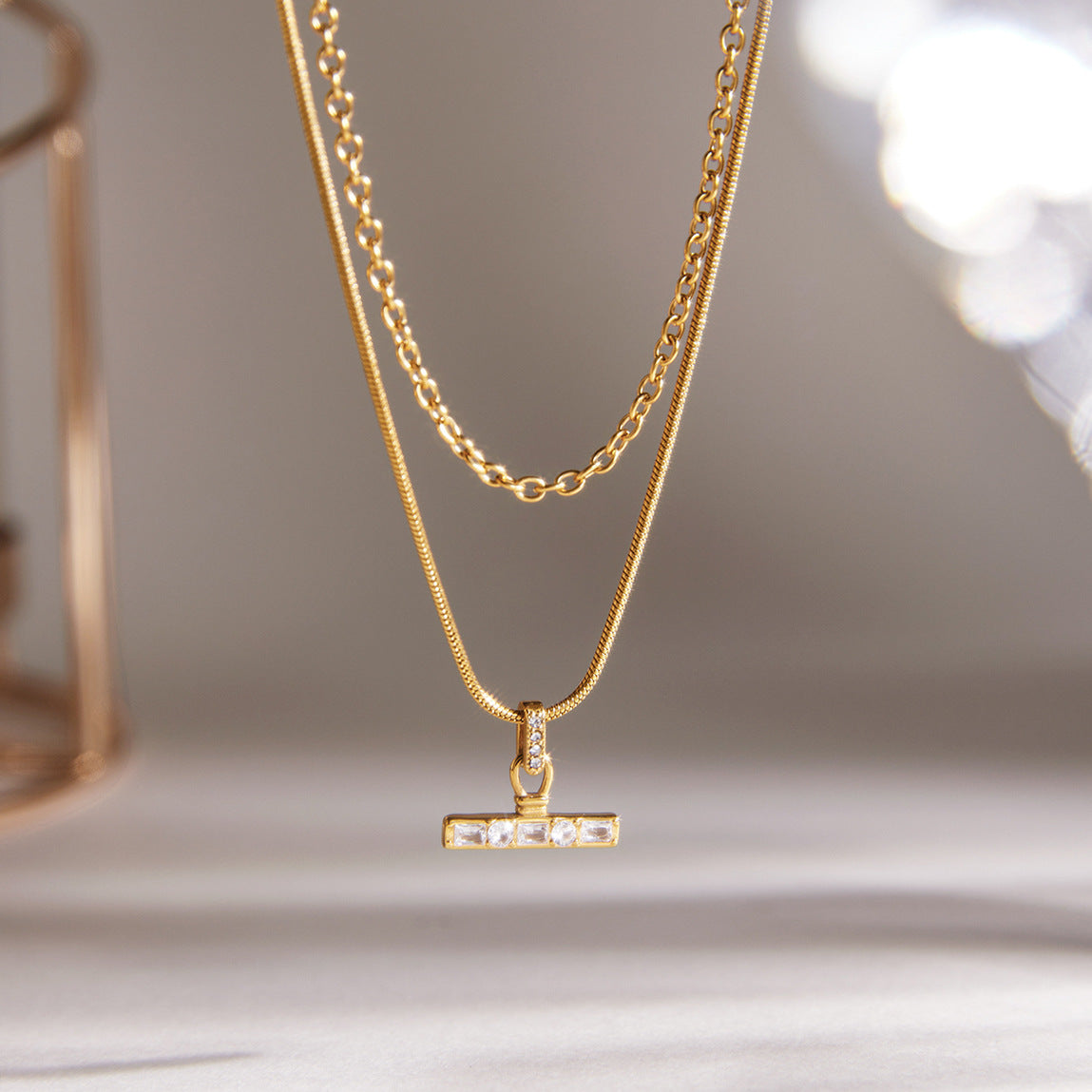 AURIS Gold T-Bar Necklace Layered Chain Necklace Tarnish-Free Jewelry Under 40