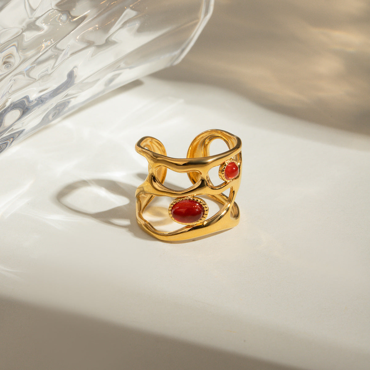 AURIS Red Agate Hollow Cuff Ring 18K Gold Plated Vintage Statement Ring Waterproof