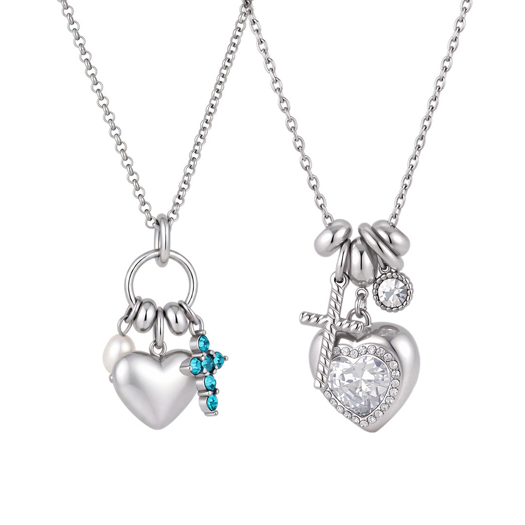 AURIS Heart Charm Necklace Silver 316L Stainless Steel Crystal Cross Blue Zirconia