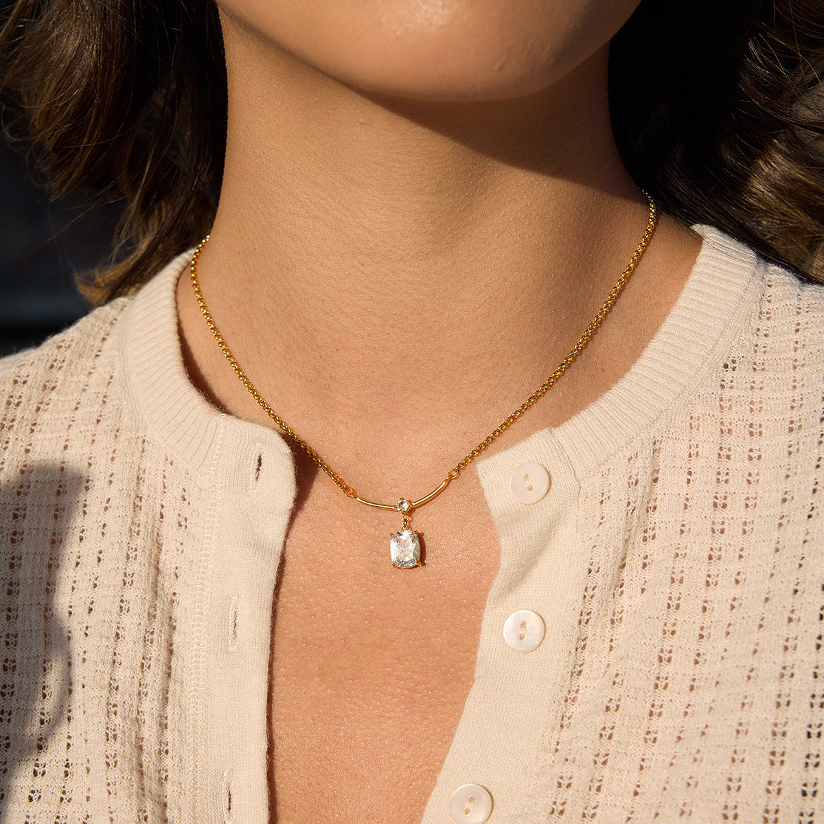 AURIS Crystal Drop Necklace Minimalist 18K Gold Plated Emerald Cut Zirconia Waterproof