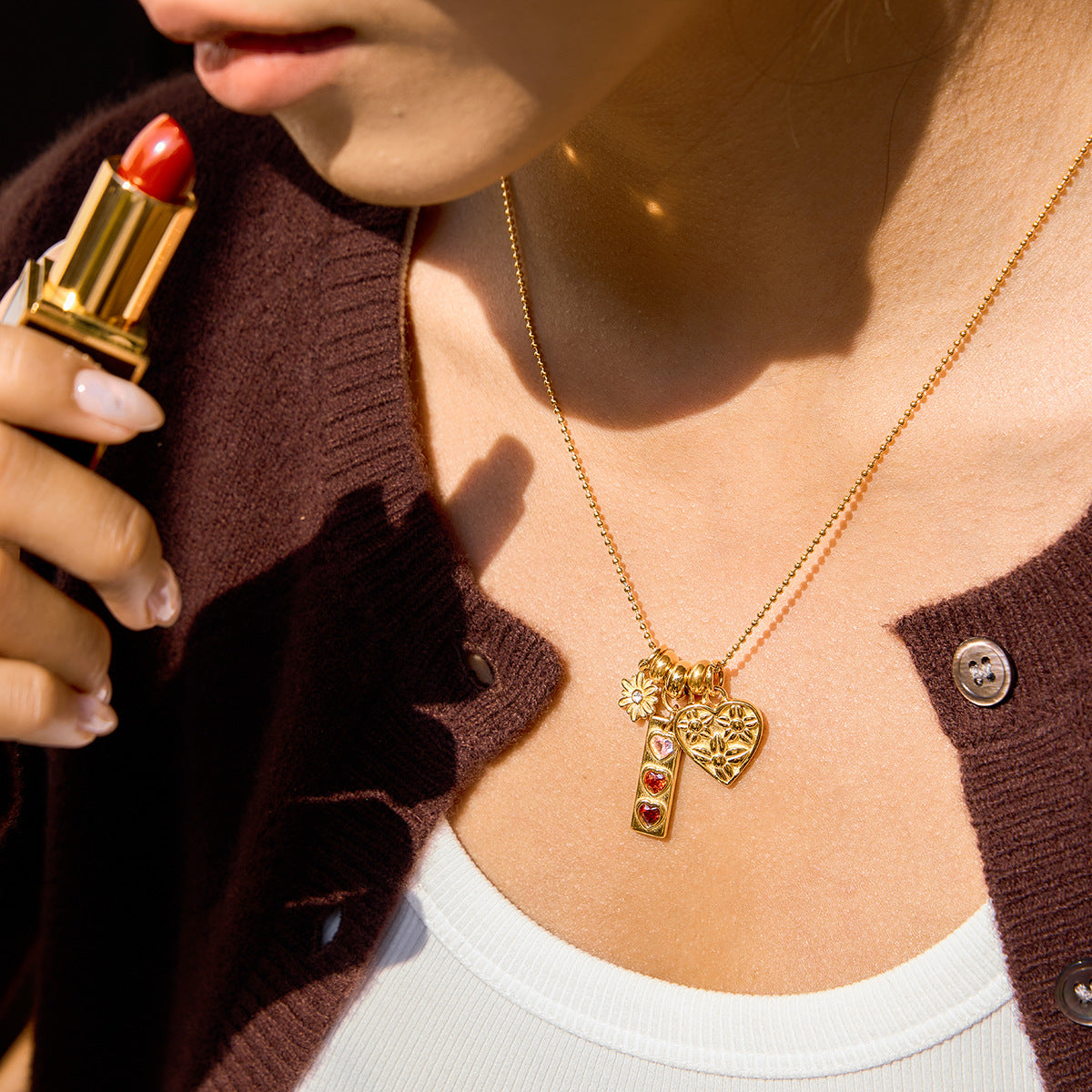 AURIS Daisy Heart Charm Necklace 18K Gold Ball Chain Zirconia Waterproof Hypoallergenic