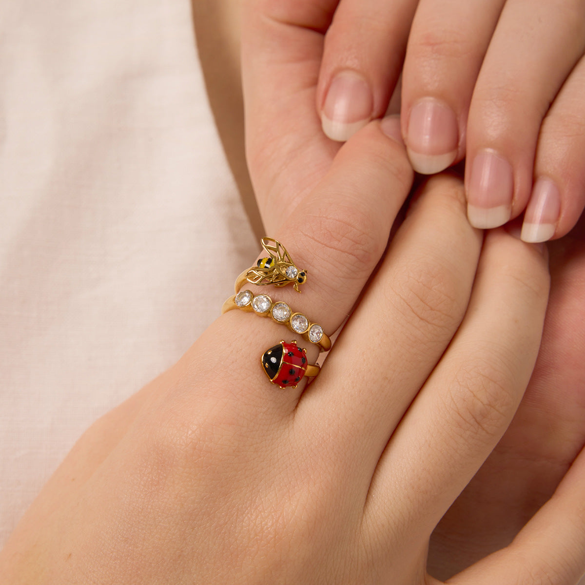 AURIS Ladybug Bee Wrap Ring Enamel Double Band 18K Gold Crystal Accents Waterproof