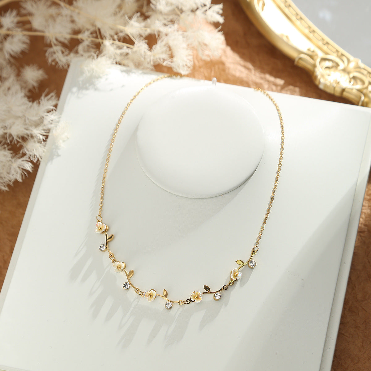 
AURIS Floral Vine Necklace 18K Gold Plated Enamel Flowers Crystal Accents Waterproof